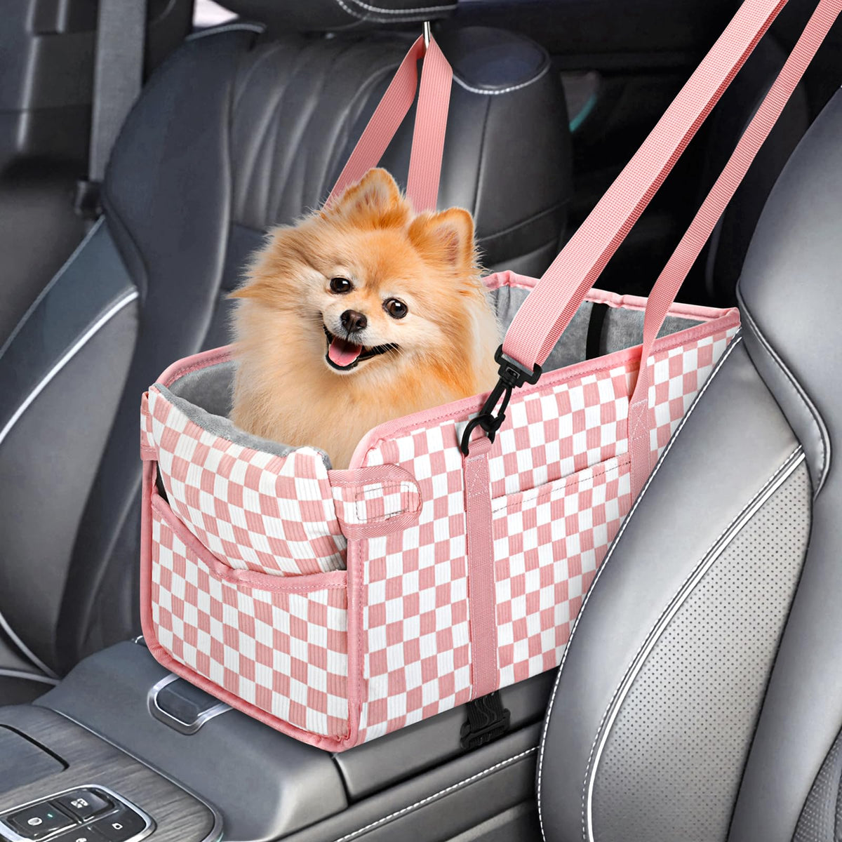 NECKORY asiento coche perro pequeno rosa cuadros: booster cómodo para viajes seguros.