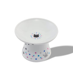 Tazón elevado de Necoichi con puntos coloridos para gatos, reduce fatiga de bigotes.