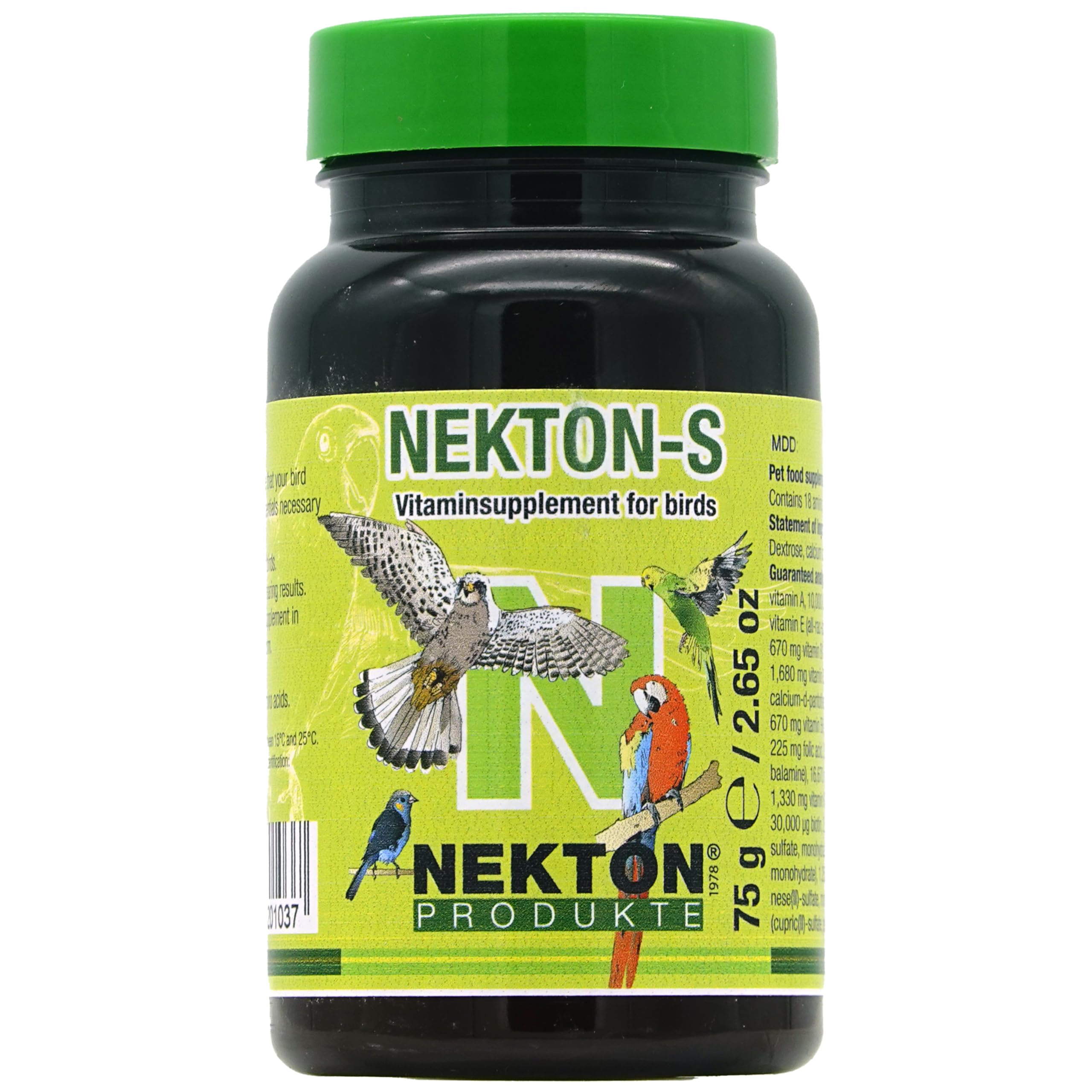 Nekton-S: botella de multivitaminas para aves, soporte nutricional diario.