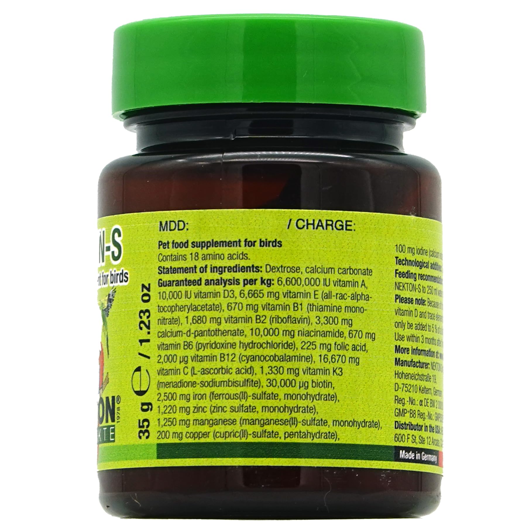 Etiqueta del producto Nekton-S con ingredientes clave