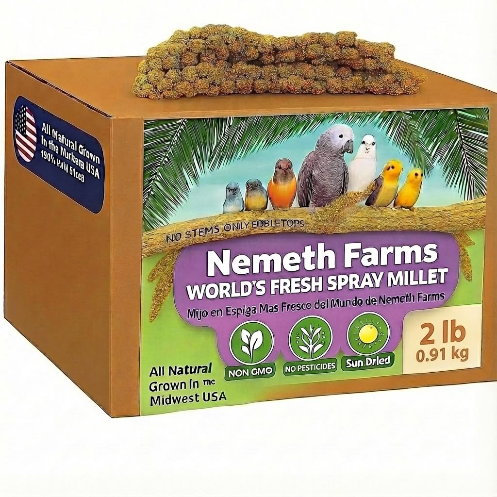 Nemeth Farms Millet Spray, presentación del producto, snack nutritivo para aves de mascotas.
