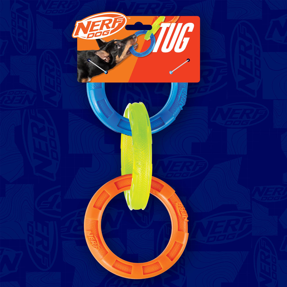 Nerf Dog 11.5in tres-anillos TPR Tug, agarre cómodo, ideal para sesiones prolongadas.