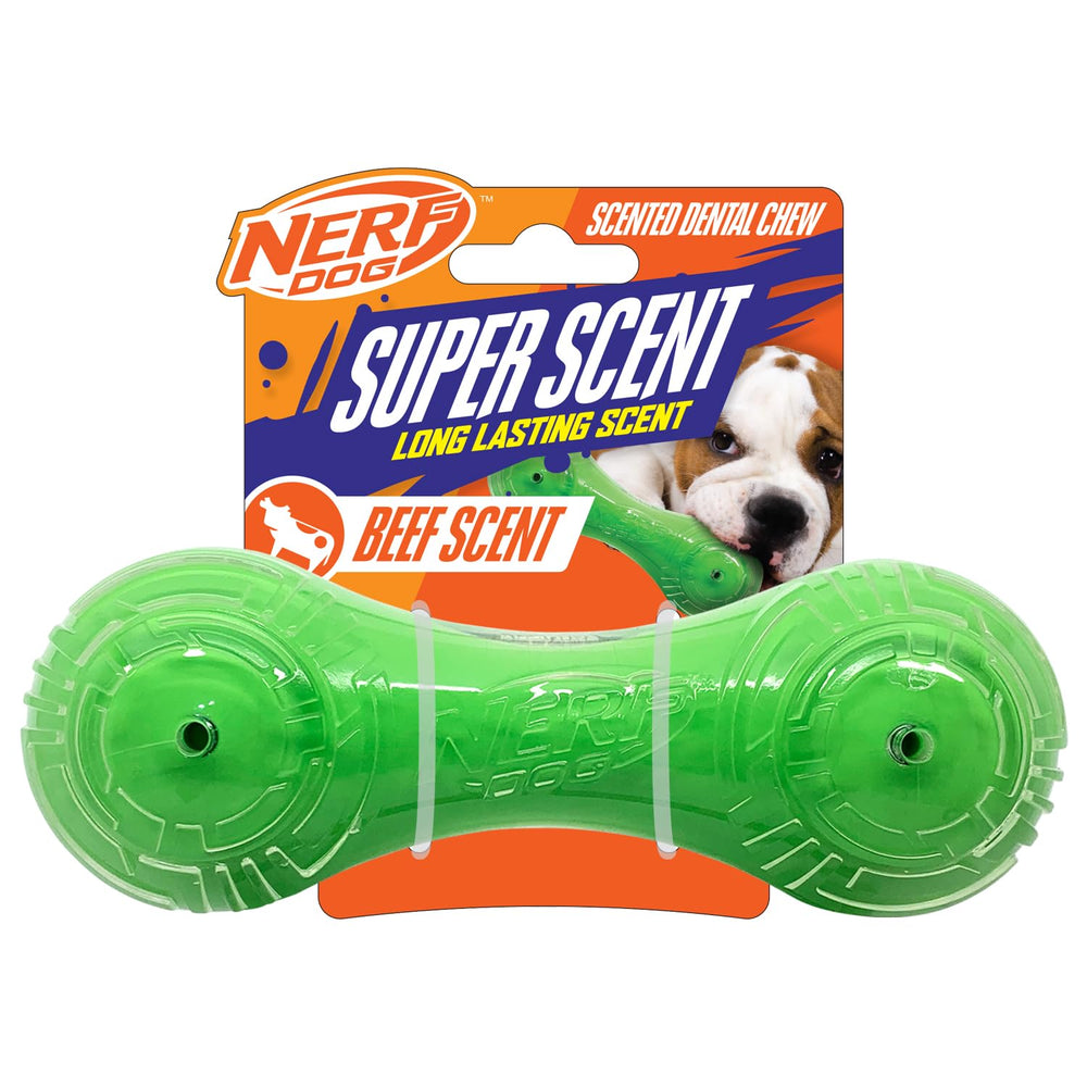 Nerf Dog barra aroma carne, verde transparente, ideal para juego interactivo y mordida segura