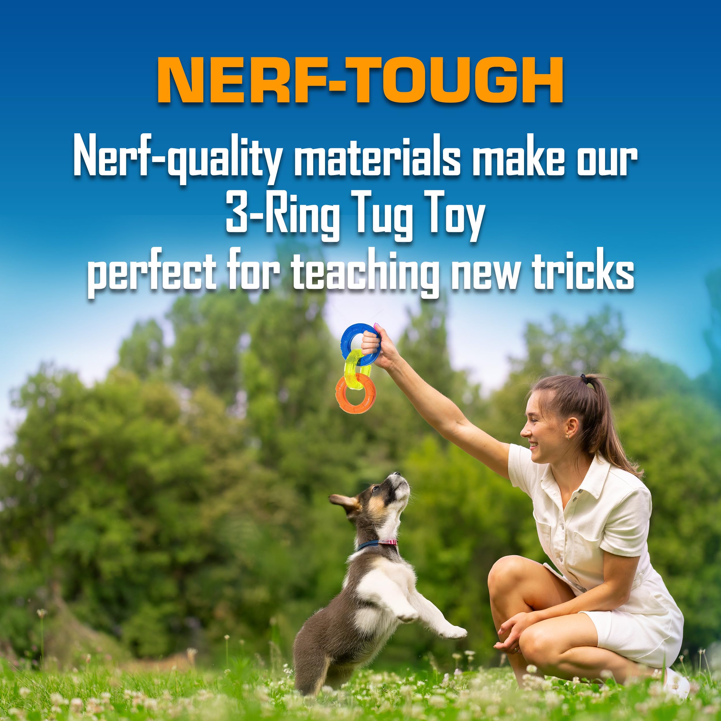 Nerf Dog en azul, verde y naranja, colores brillantes para localizarlo fácilmente.
