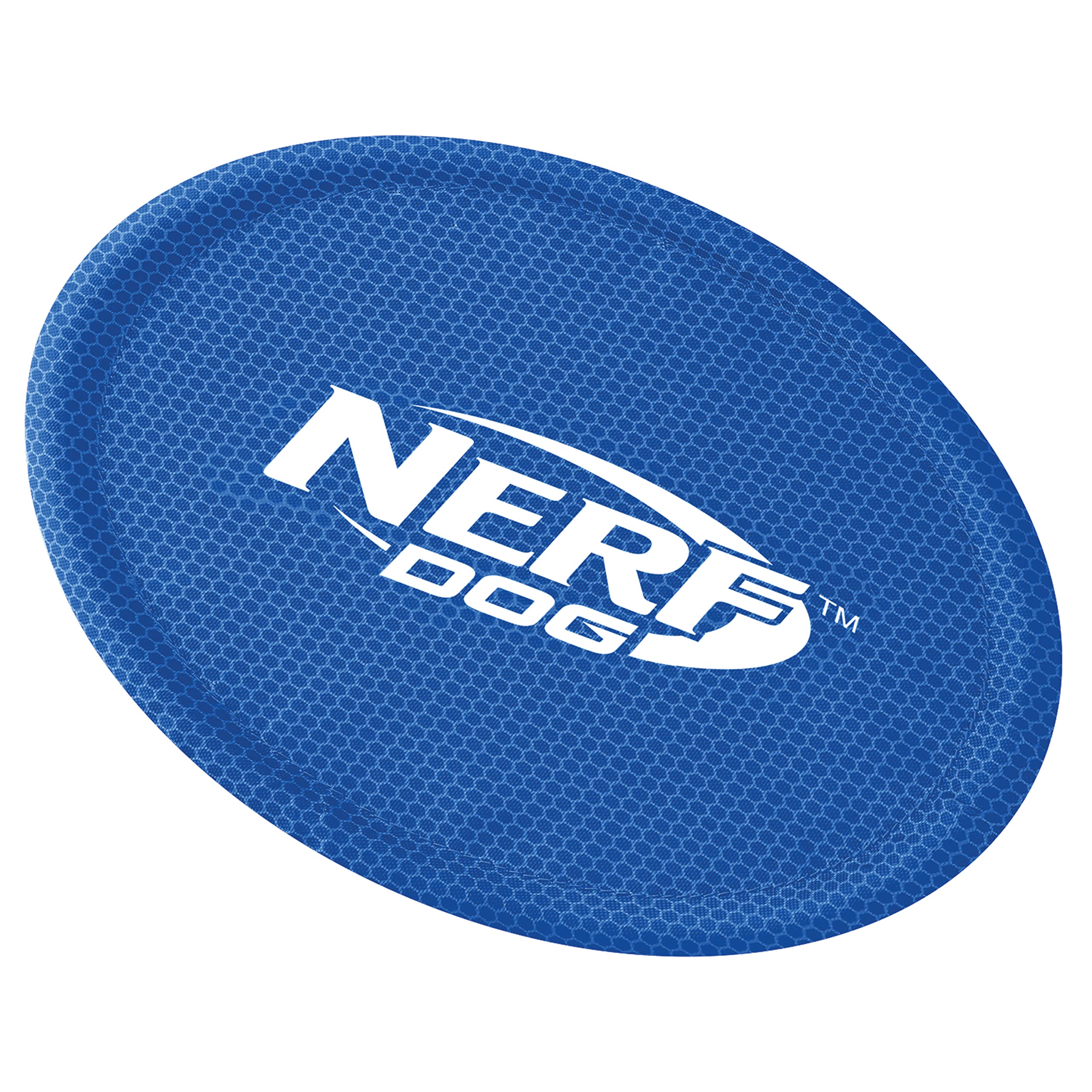 Nerf Dog Nylon Flyer azul brillante, fácil de rastrear durante juegos de búsqueda.