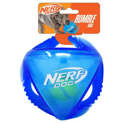 Nerf Dog Pelota Rumble de 14 cm translúcida azul para juego interactivo.