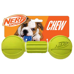 Nerf Barbell de goma verde para mordida segura y juego prolongado.