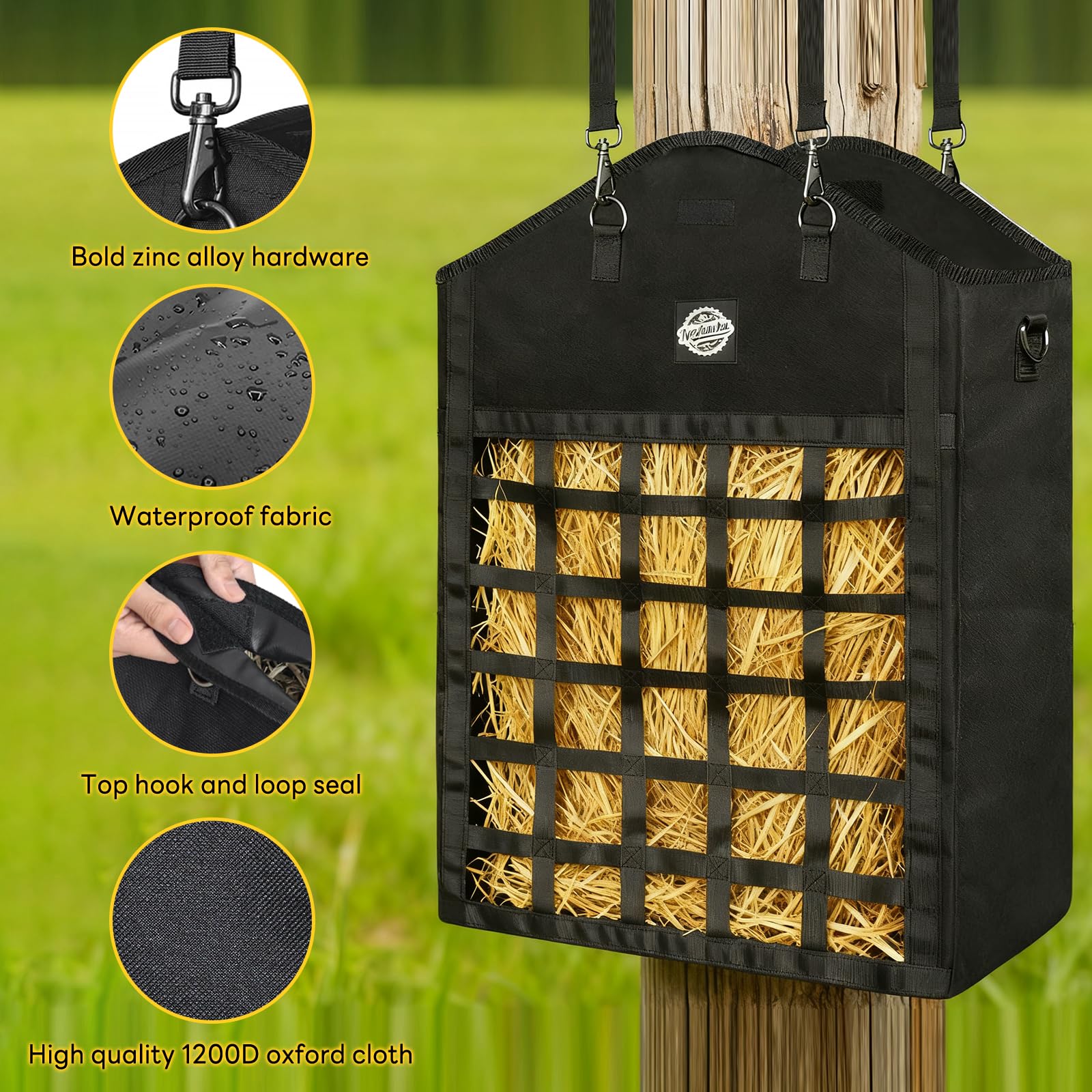 Nesfanchu bolsa heno caballo, cierre de velcro superior para retener aroma.
