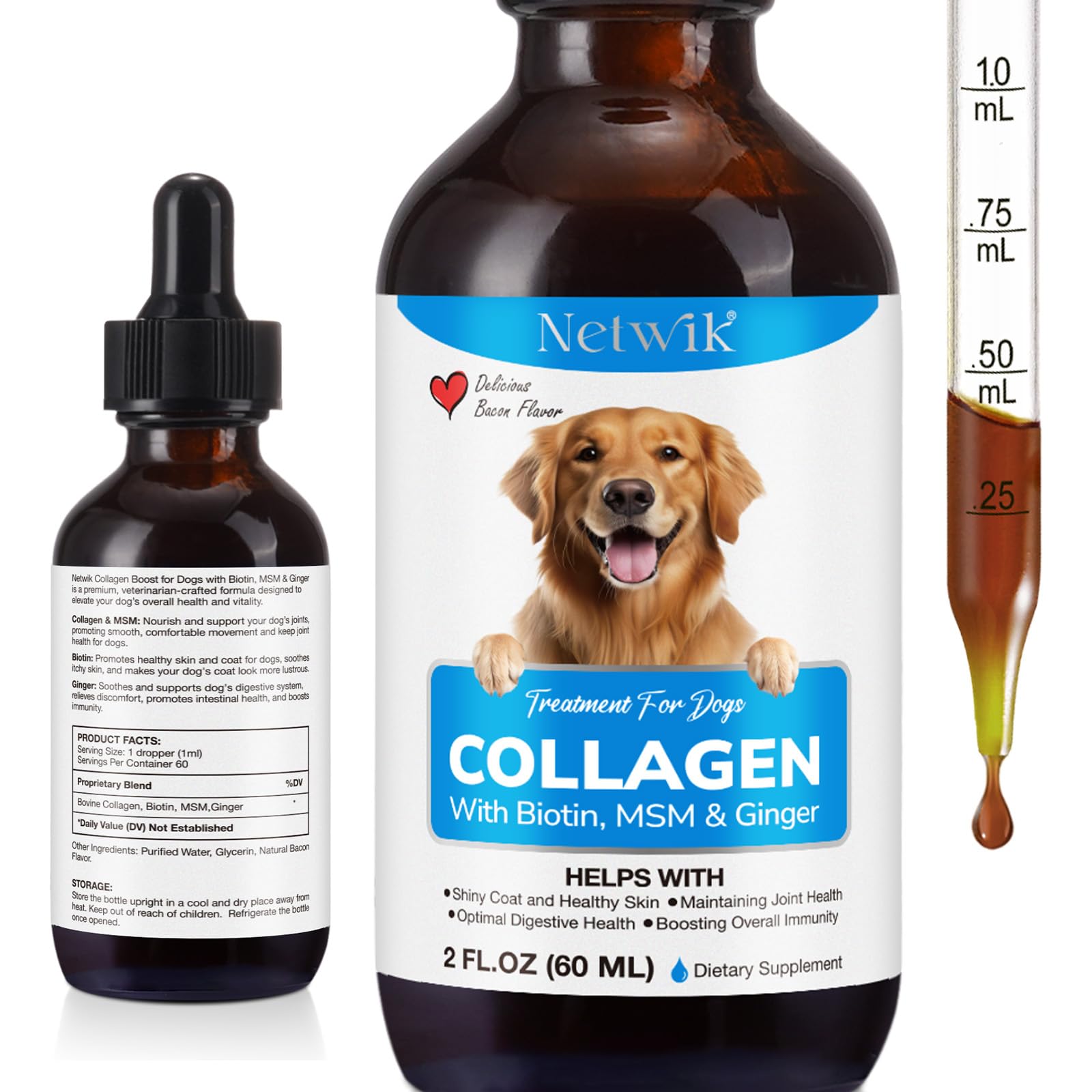 Netwik Colágeno para perros, frasco 2 oz, apoya piel y pelaje saludables.