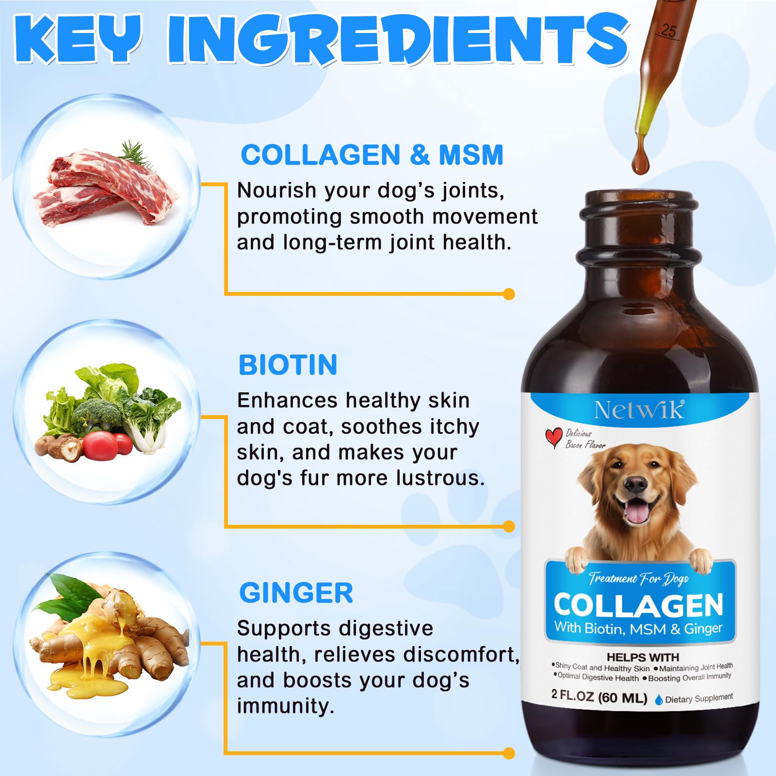 Netwik Colágeno para perros, piel-sana, ayuda a mantener la piel saludable.