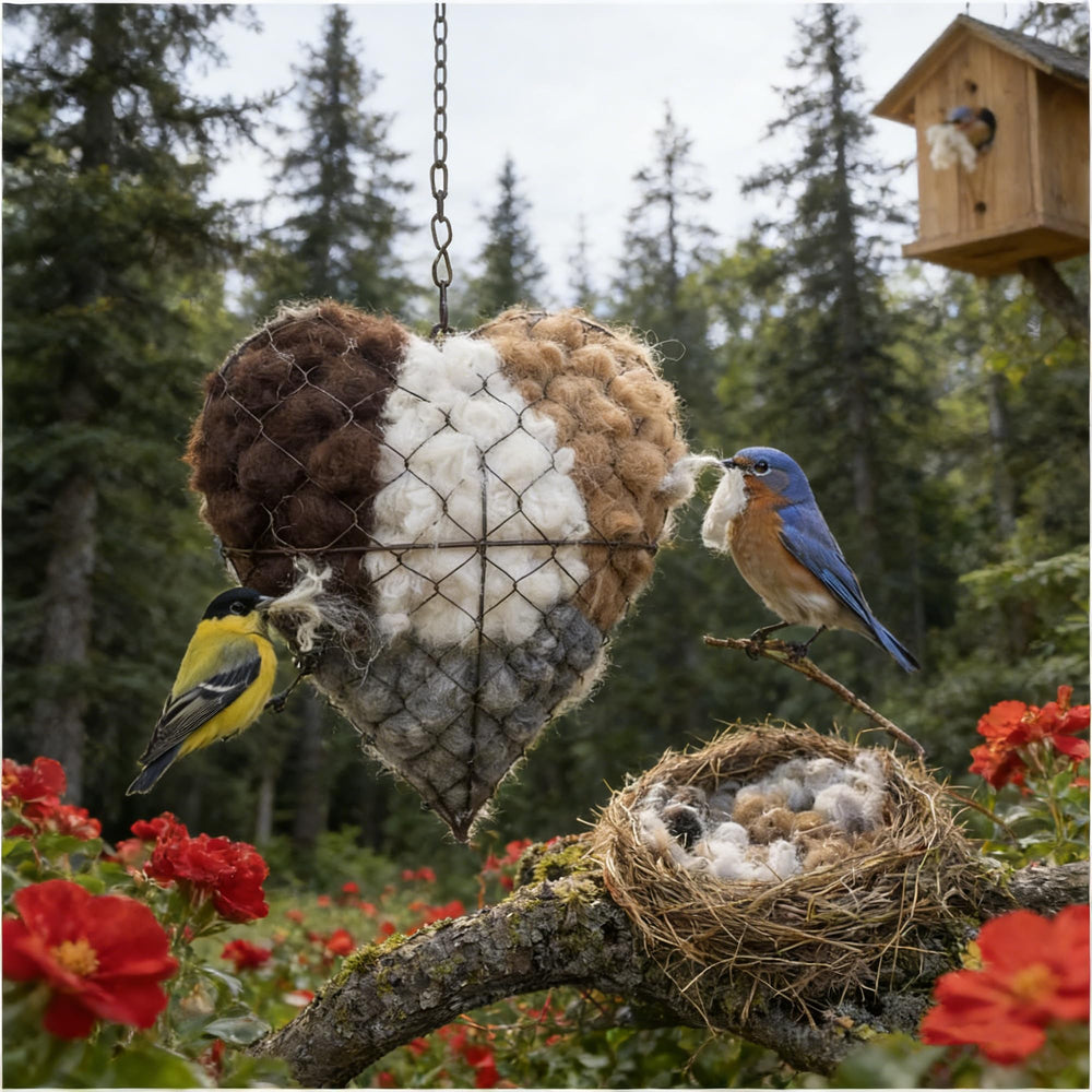 Nido corazón artesanal colgando en árbol, refugio para aves del jardín.