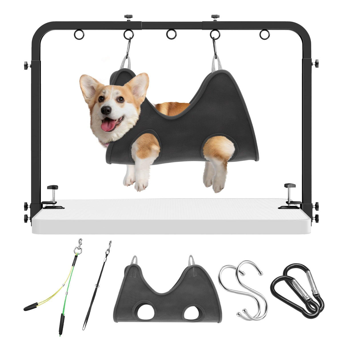 Brazo ajustable para grooming en mesa de Niffgaff, ideal para sesiones de mascotas.