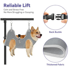Hamaca para perro M de niffgaff con cierre trasero facilita sesiones de cuidado del pelaje.