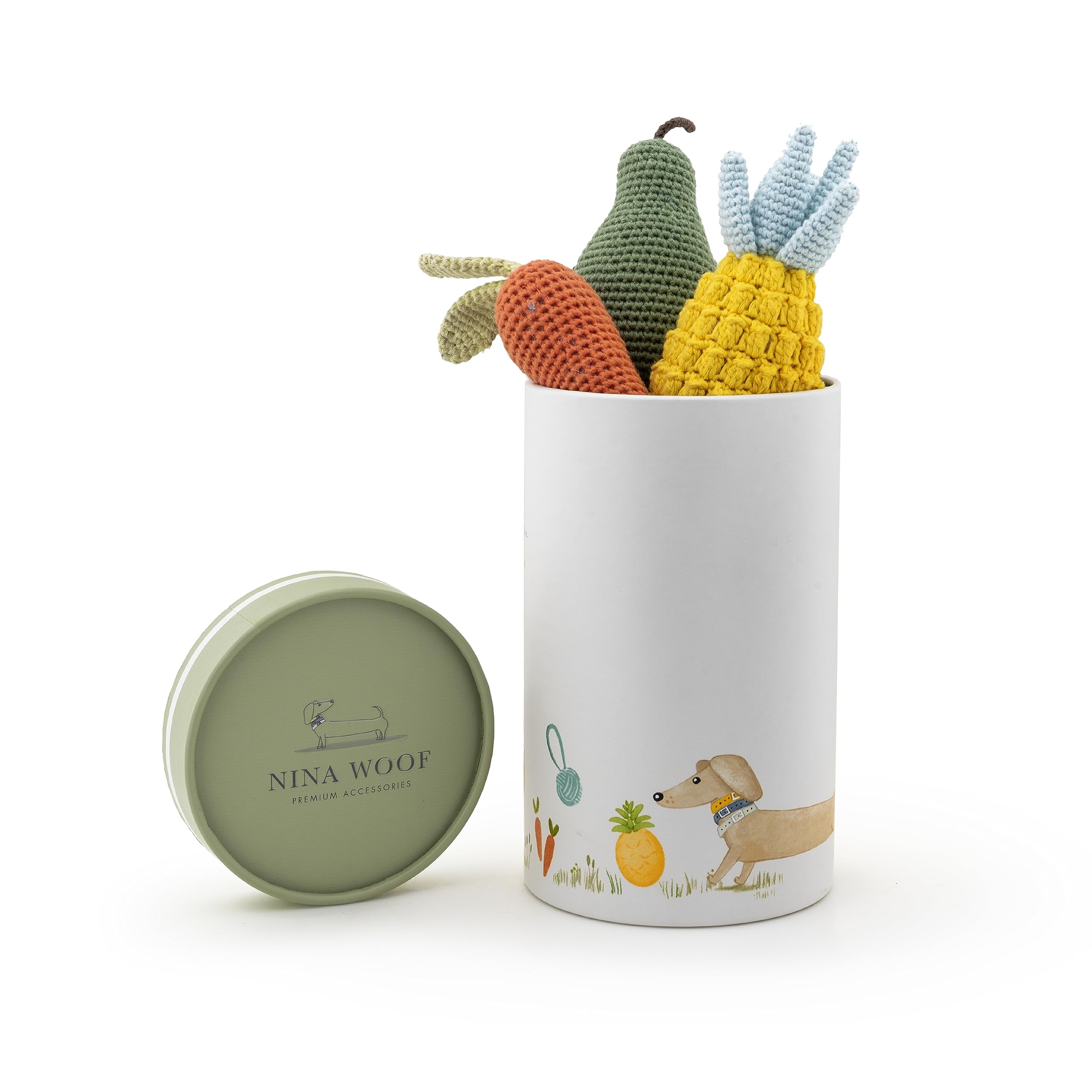 Juguete Nina Woof de verduras en algodón orgánico para estimulación mental