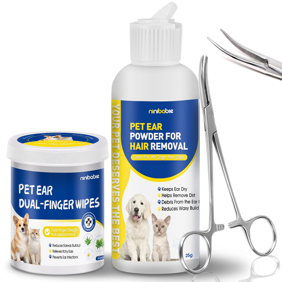 Ninibabie kit orejas perro pinza curva 5.5 pulgadas facilita limpieza precisa.