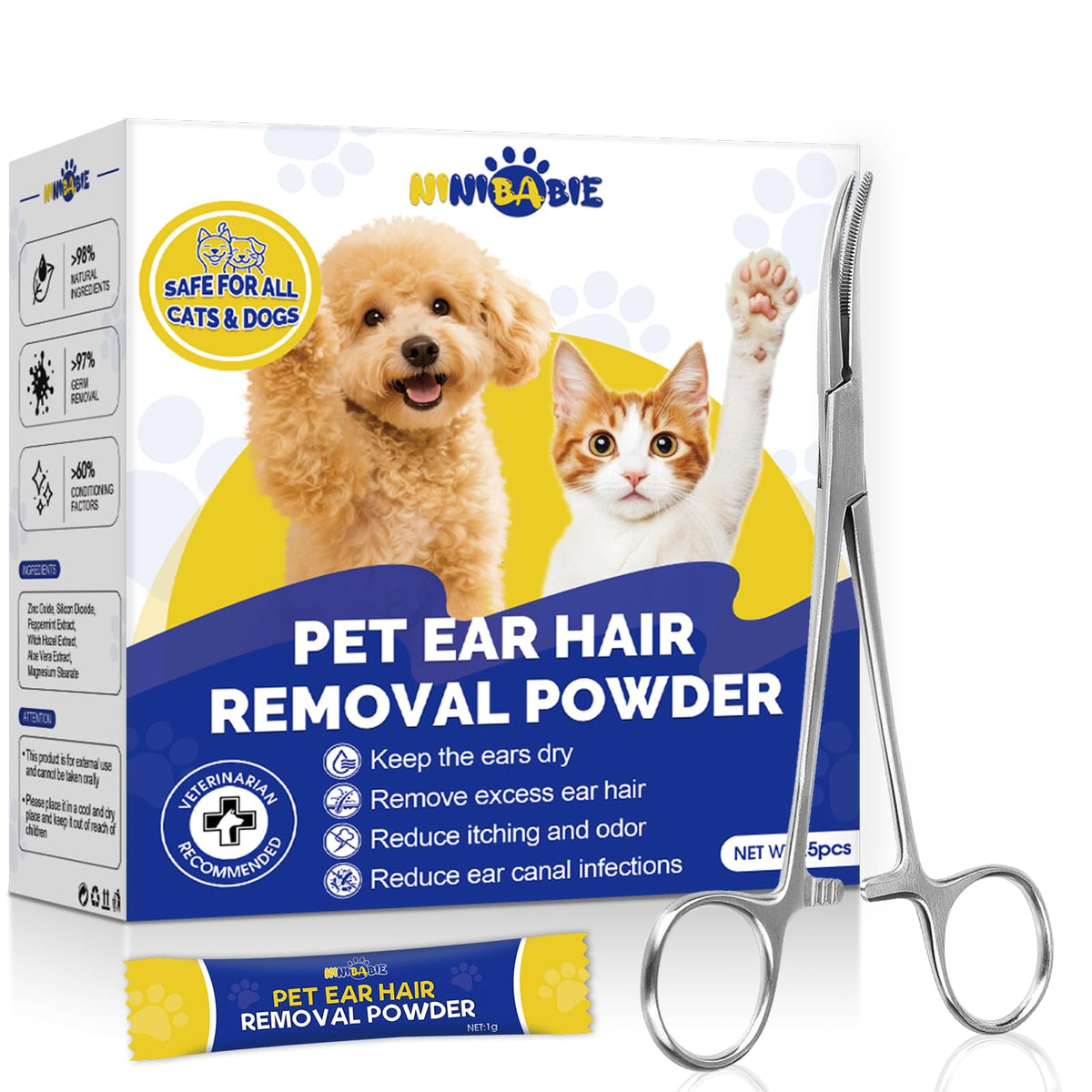 Ninibabie polvo para orejas de perro 1g para aplicación limpia y precisa.