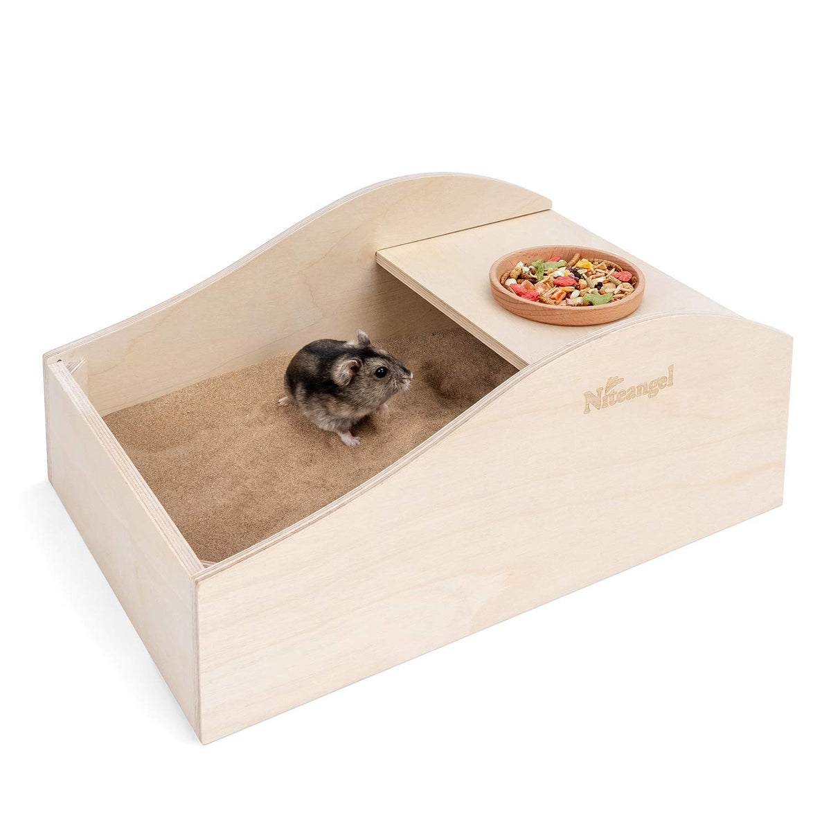 Niteangel caja de arena para hamster en madera, baño cómodo y limpio.