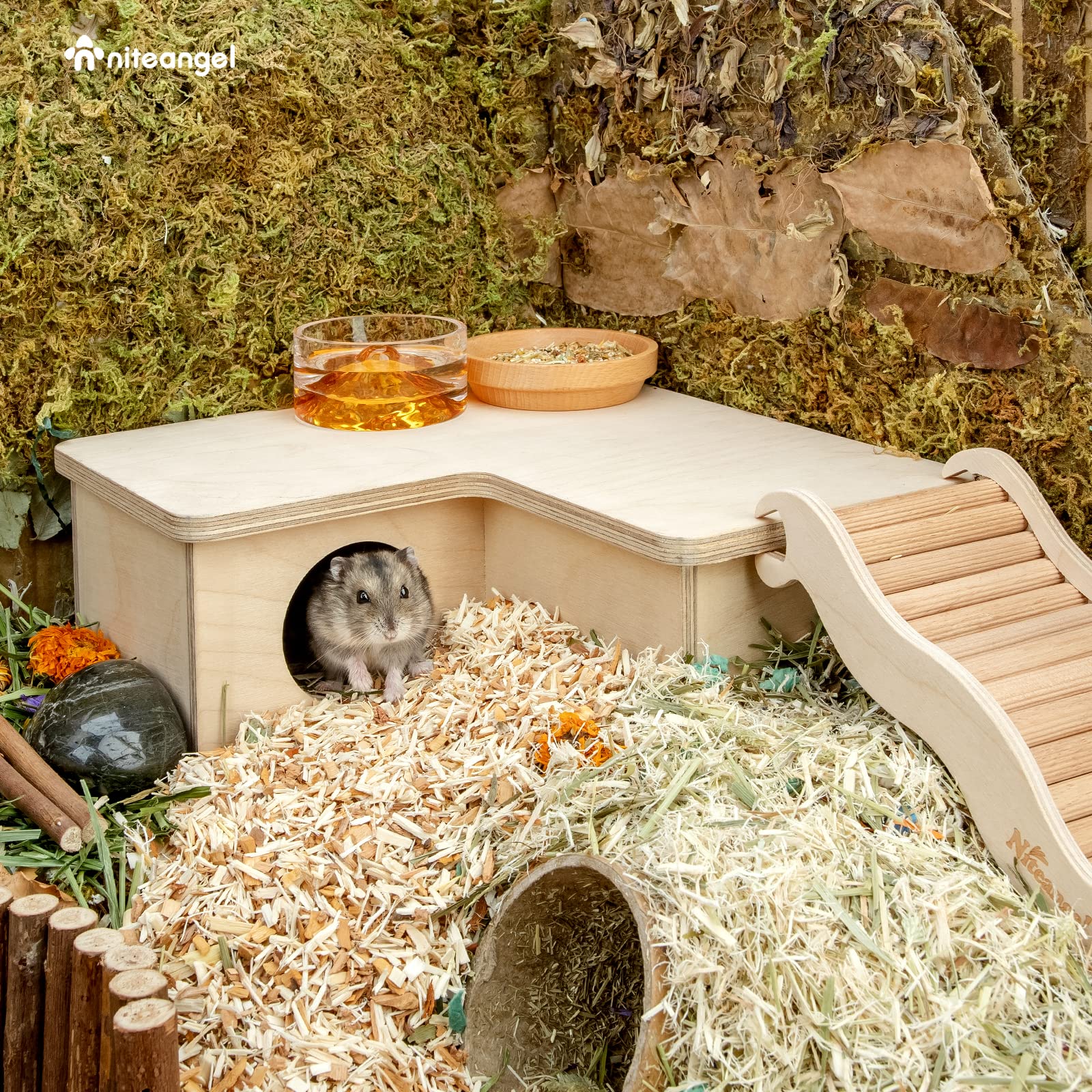 Niteangel Hamster House Maze con plataforma de techo para juego y descanso.
