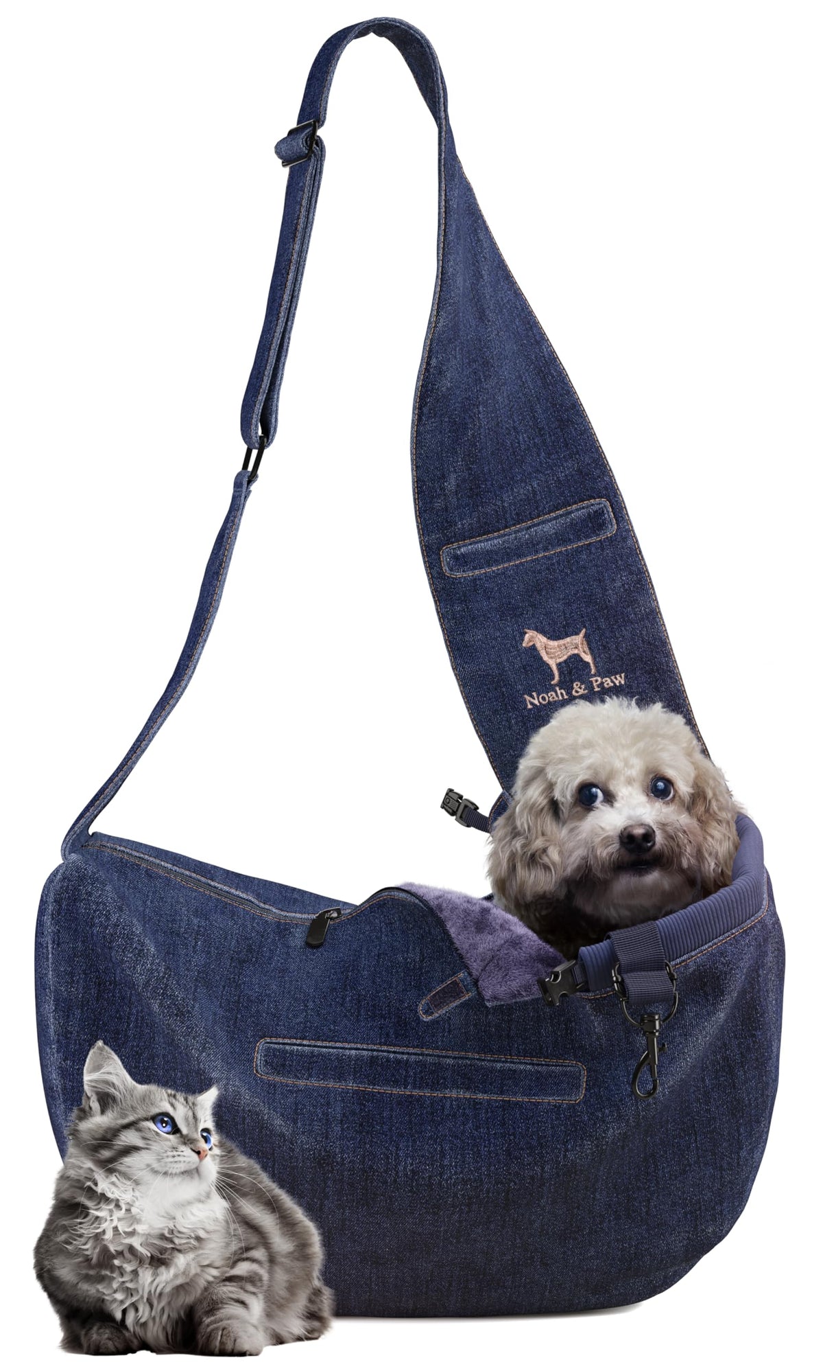 Noah & Paw sling para perro pequeño, enfoque destacado para paseos cómodos.