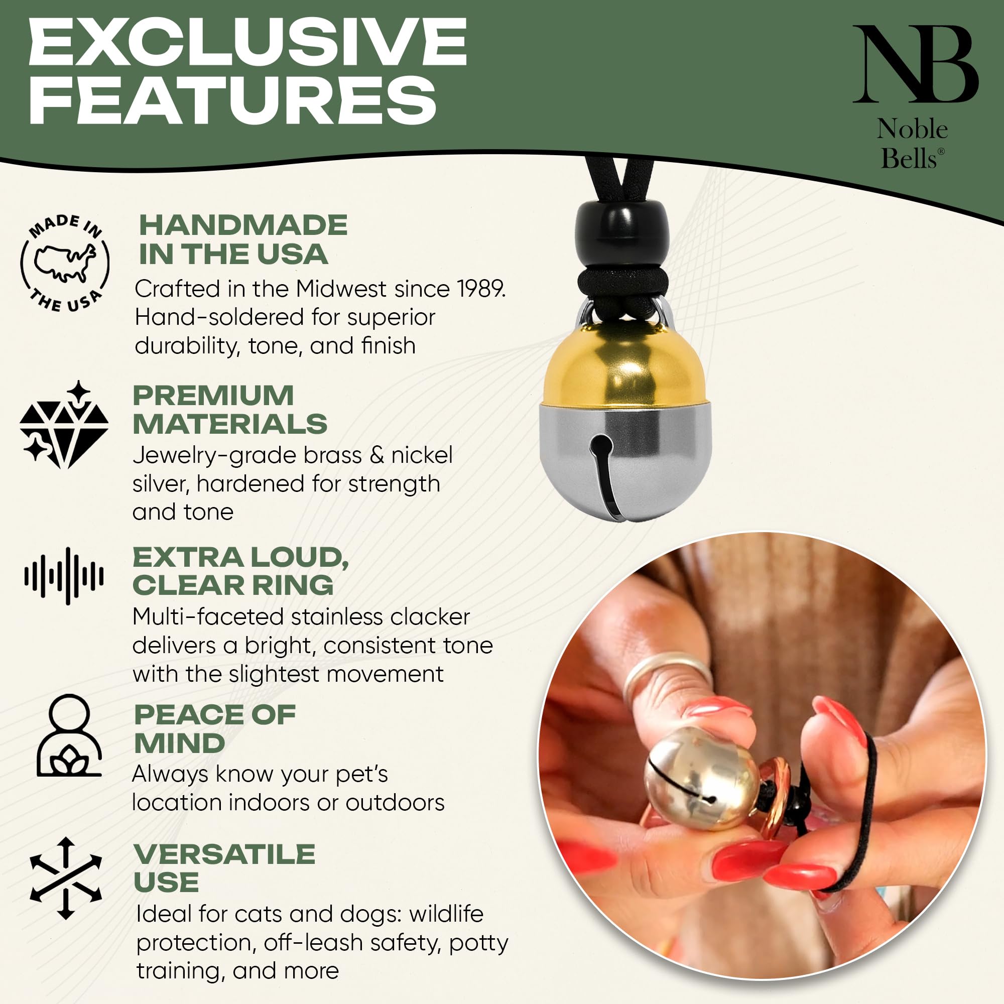 Campanilla facetada Noble Bells para collar con tono claro en paseos.