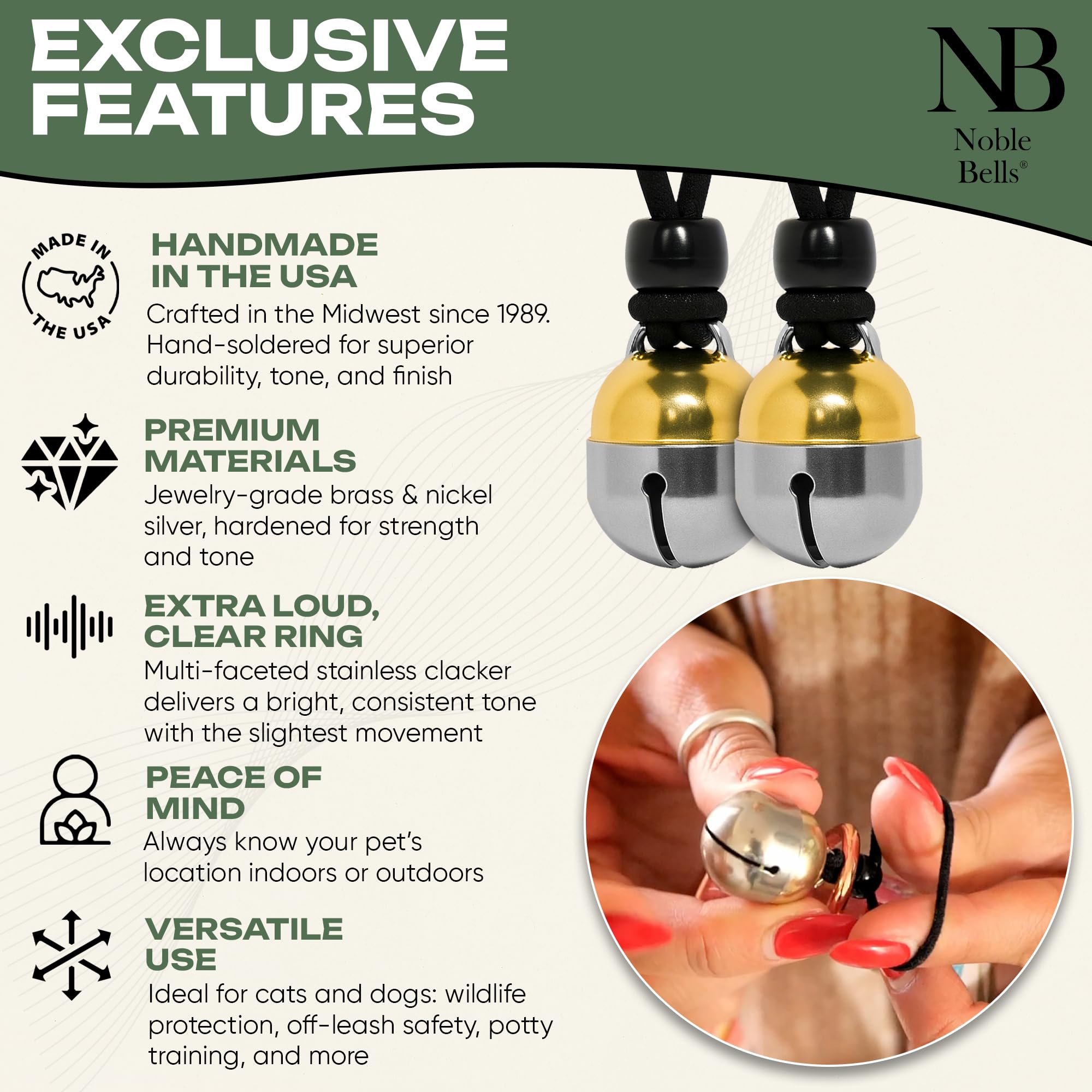 Noble Bells con dos campanas, lista para usar en dos mascotas.