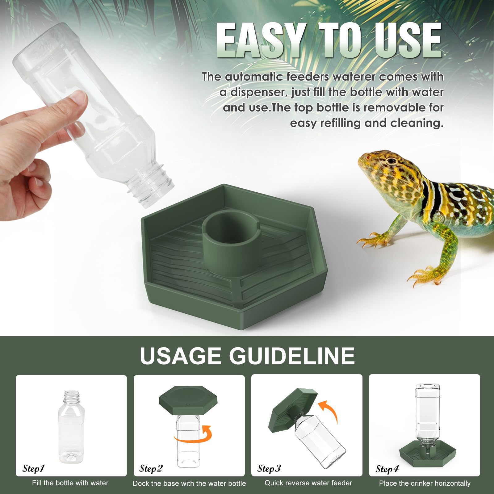NOMOY Dispensador de agua para reptiles con tapa superior removible para rellenar.
