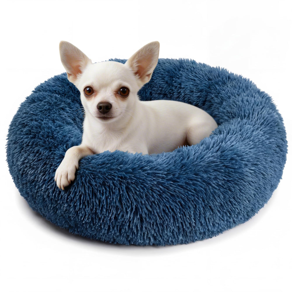 Cama redonda nononfish para perro pequeño en azul marino, comodidad para acurrucarse.