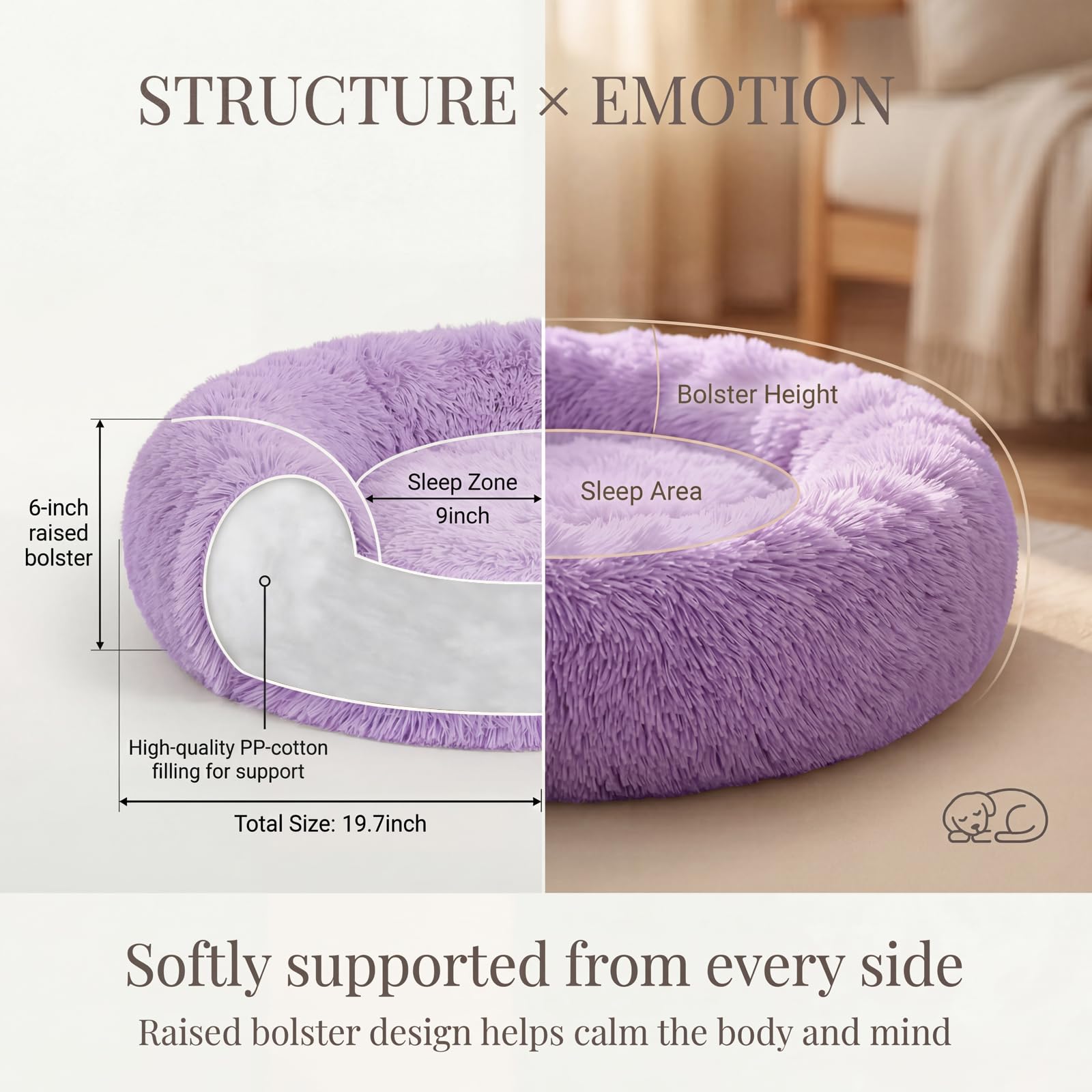 nononfish cama rosquilla con borde elevado, diseño acolchado