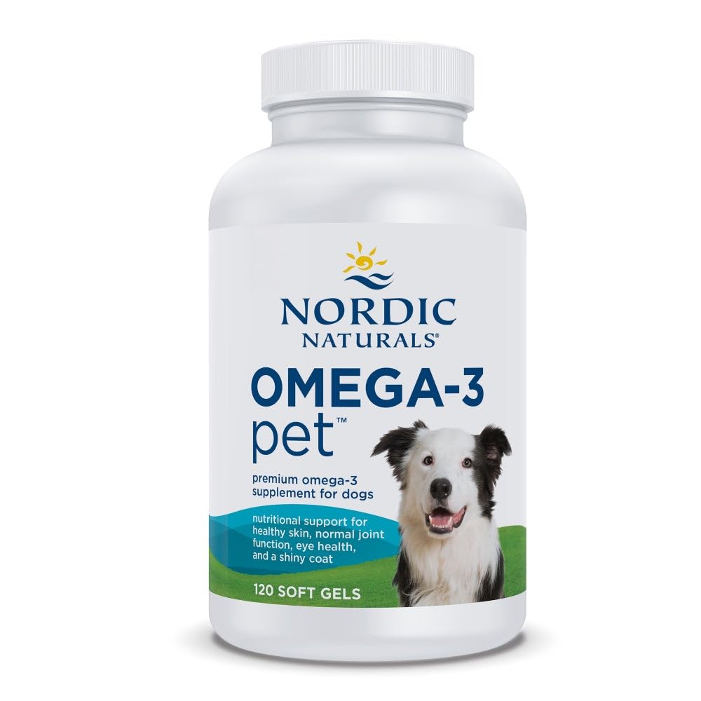 Nordic Naturals Omega-3 Pet, botella, cápsulas suaves para perros, apoyo a la salud cardíaca.