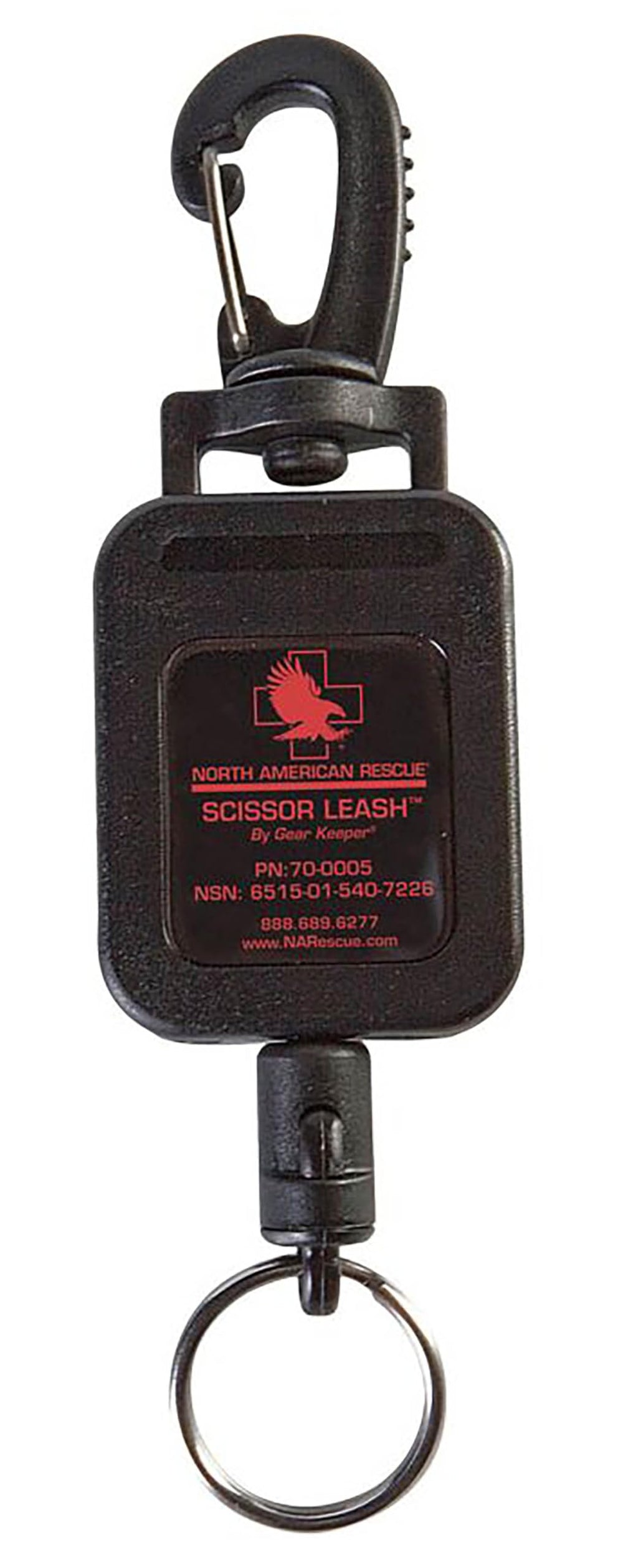 North American Rescue correa retráctil con clip para tijeras de trauma, control seguro.