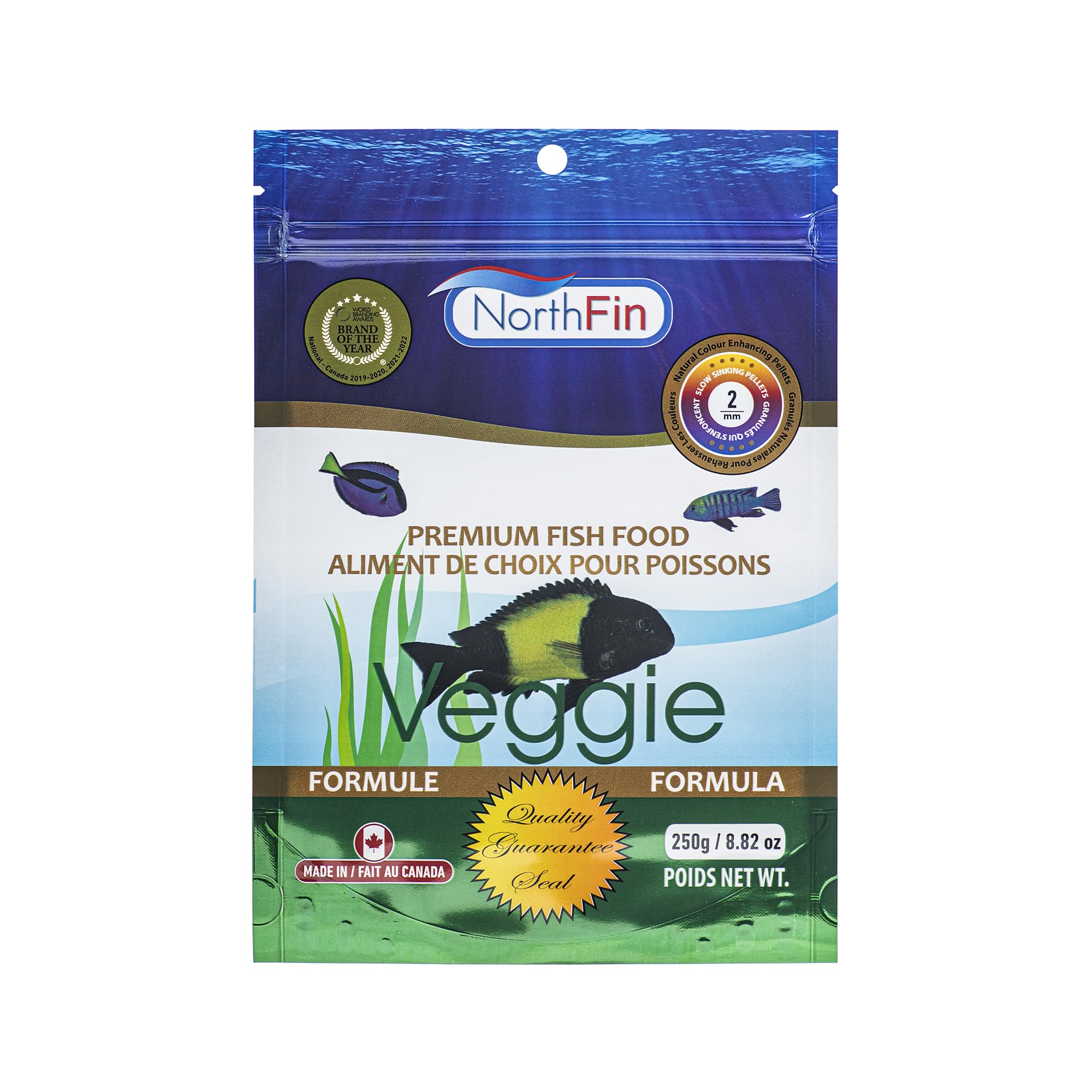 Northfin Veggie Food pellets de caída lenta para peces herbívoros, fácil alimentación en medio y fondo.