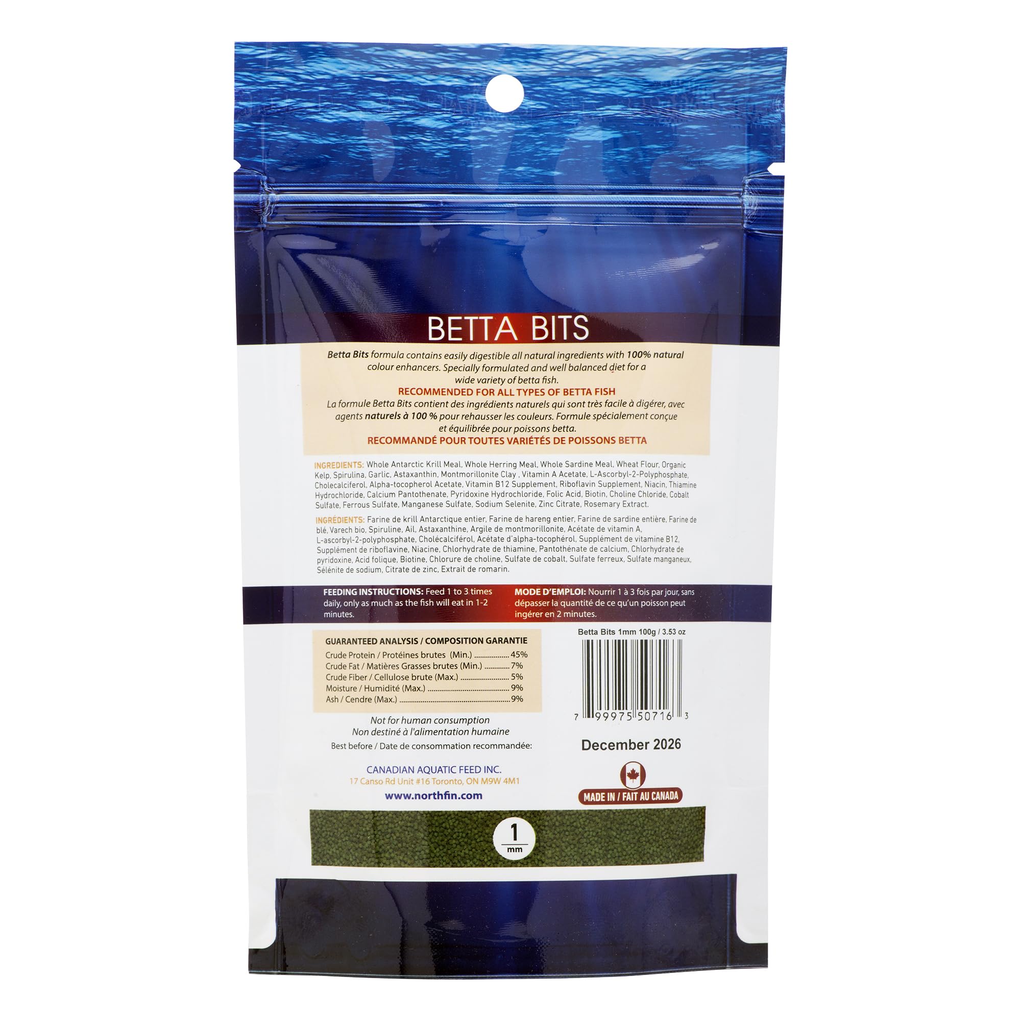Northfin Betta Bits: alimento 1 mm de proteína marina, reduce residuos en acuario.