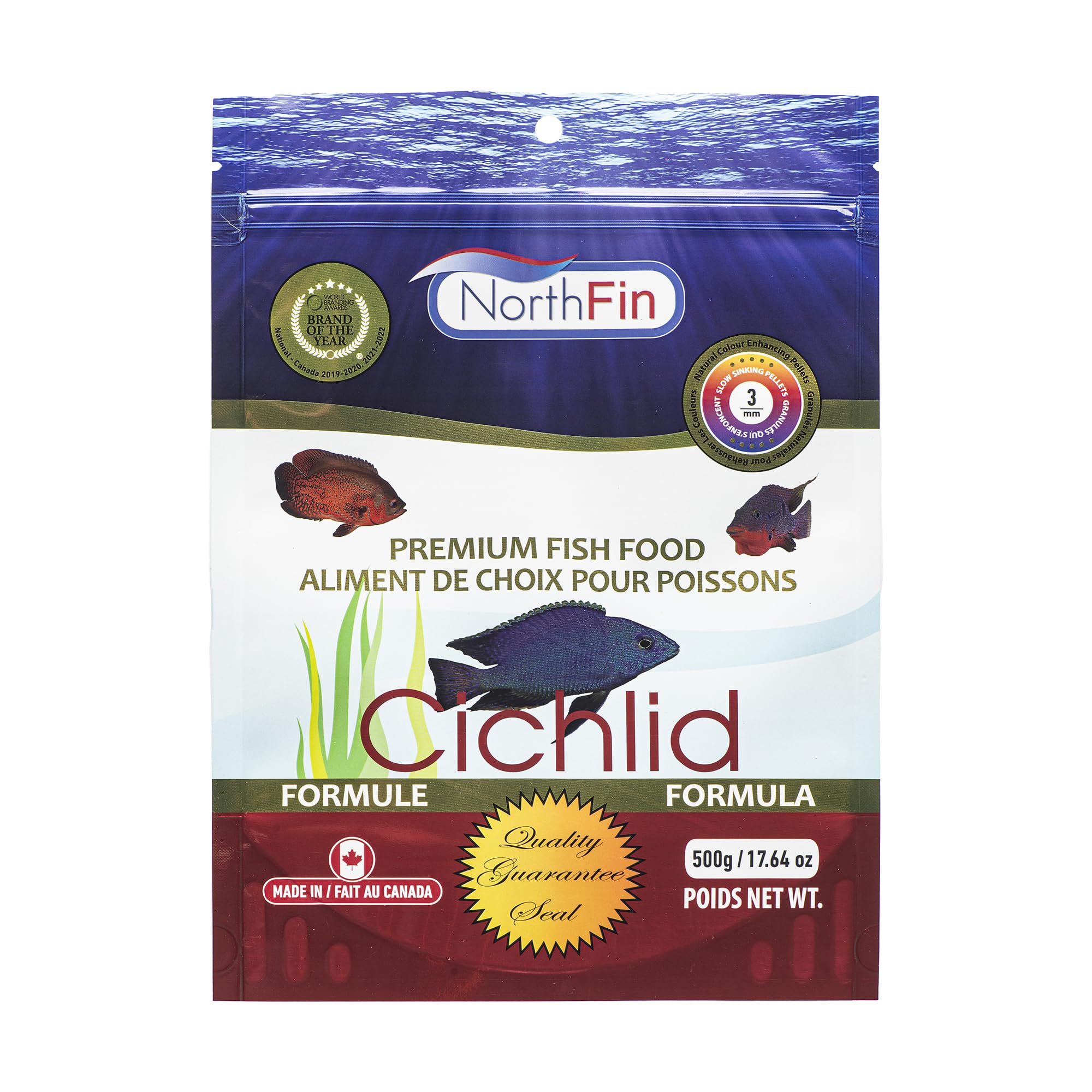 Northfin, envase visible, dieta balanceada para cíclidos que potencia color y salud.
