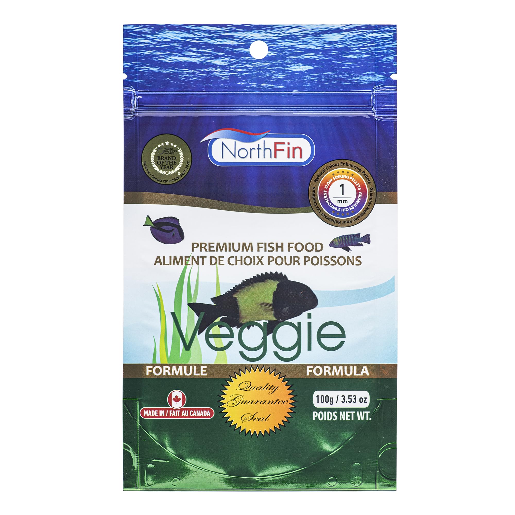 Northfin Veggie Food en envase de 100 g, ideal para peces herbívoros y omnívoros, contribuye a digestión saludable.