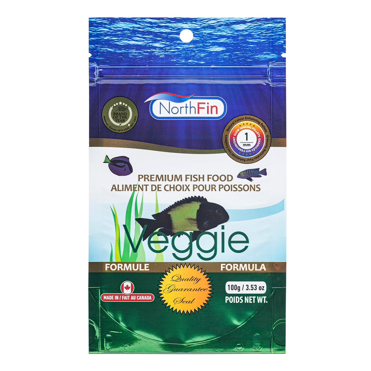 Northfin Veggie Food en envase de 100 g, ideal para peces herbívoros y omnívoros, contribuye a digestión saludable.