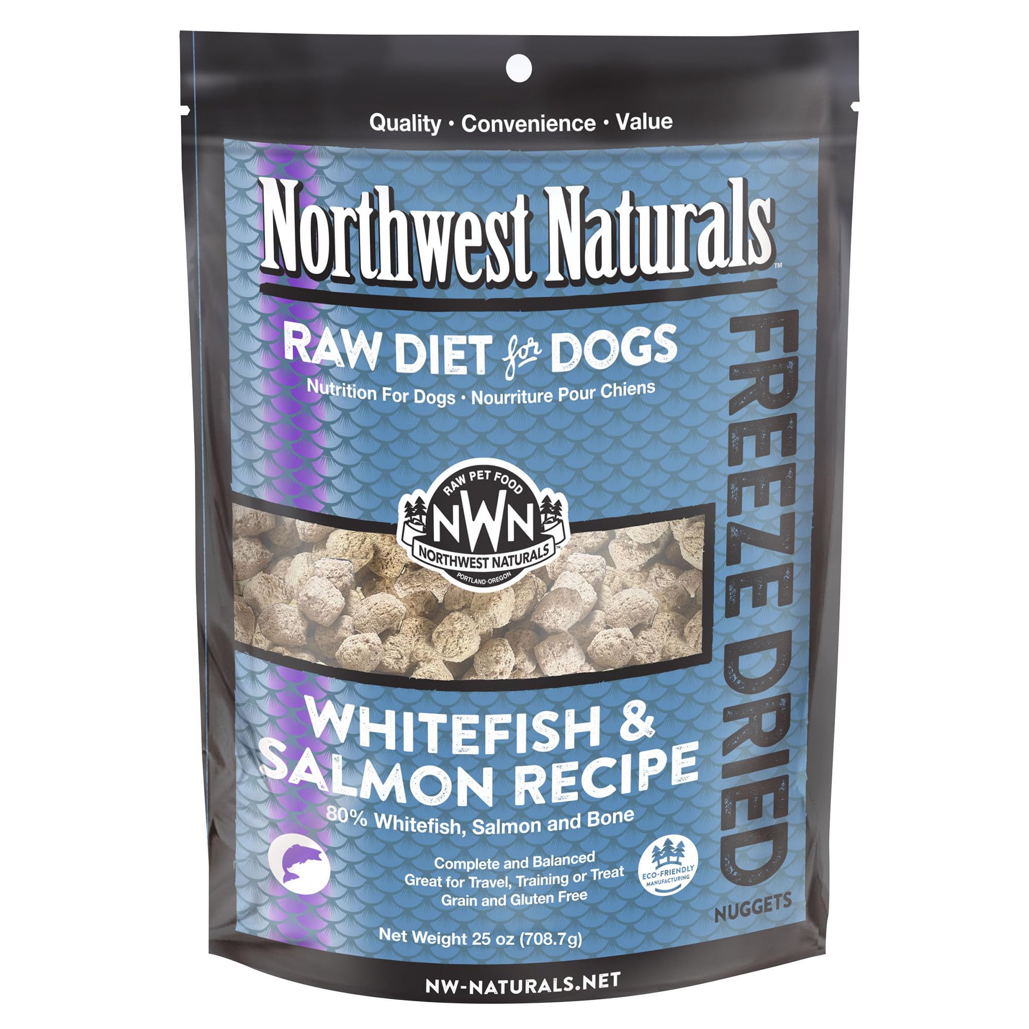 Northwest Naturals croquetas de pescado blanco y salmón, para una dieta alta en proteínas.