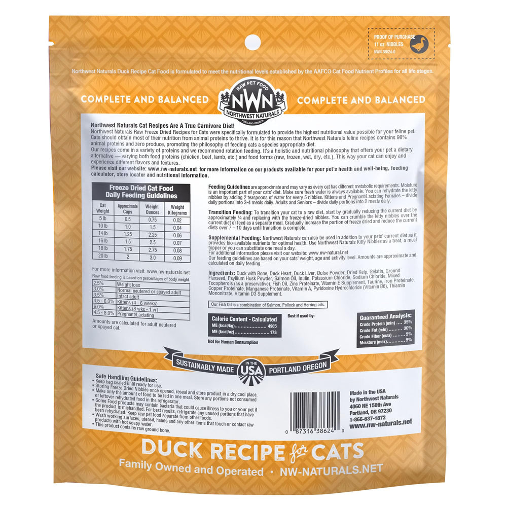 Northwest Naturals pato-gato etiqueta indica hecho en Estados Unidos