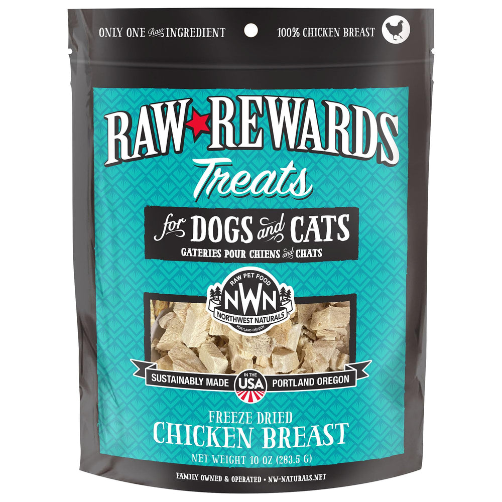 Northwest Naturals Recompensas crudo: trozos de pechuga de pollo, snack natural para perros y gatos.
