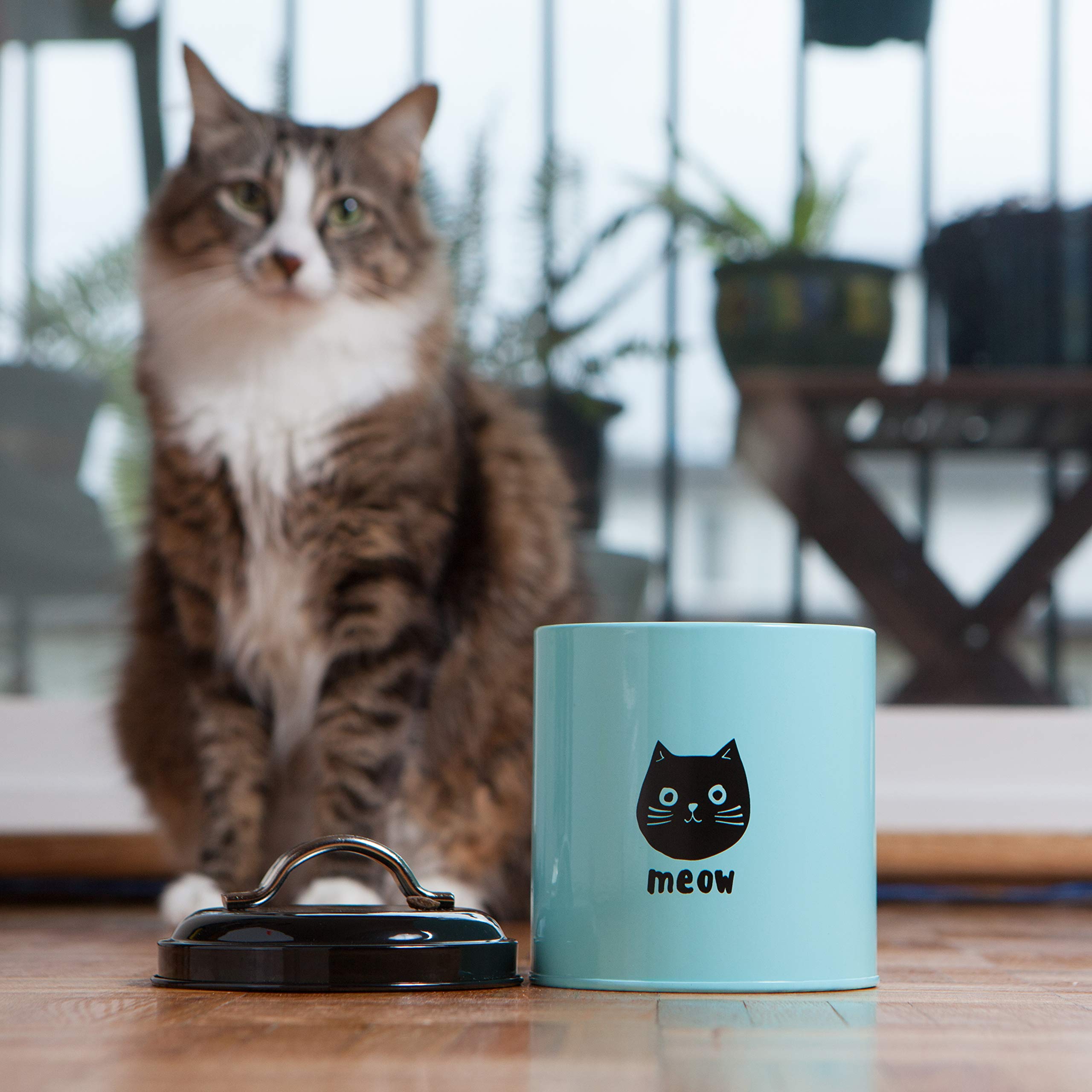 Almacenamiento elegante en encimera con la lata de golosinas para gatos.