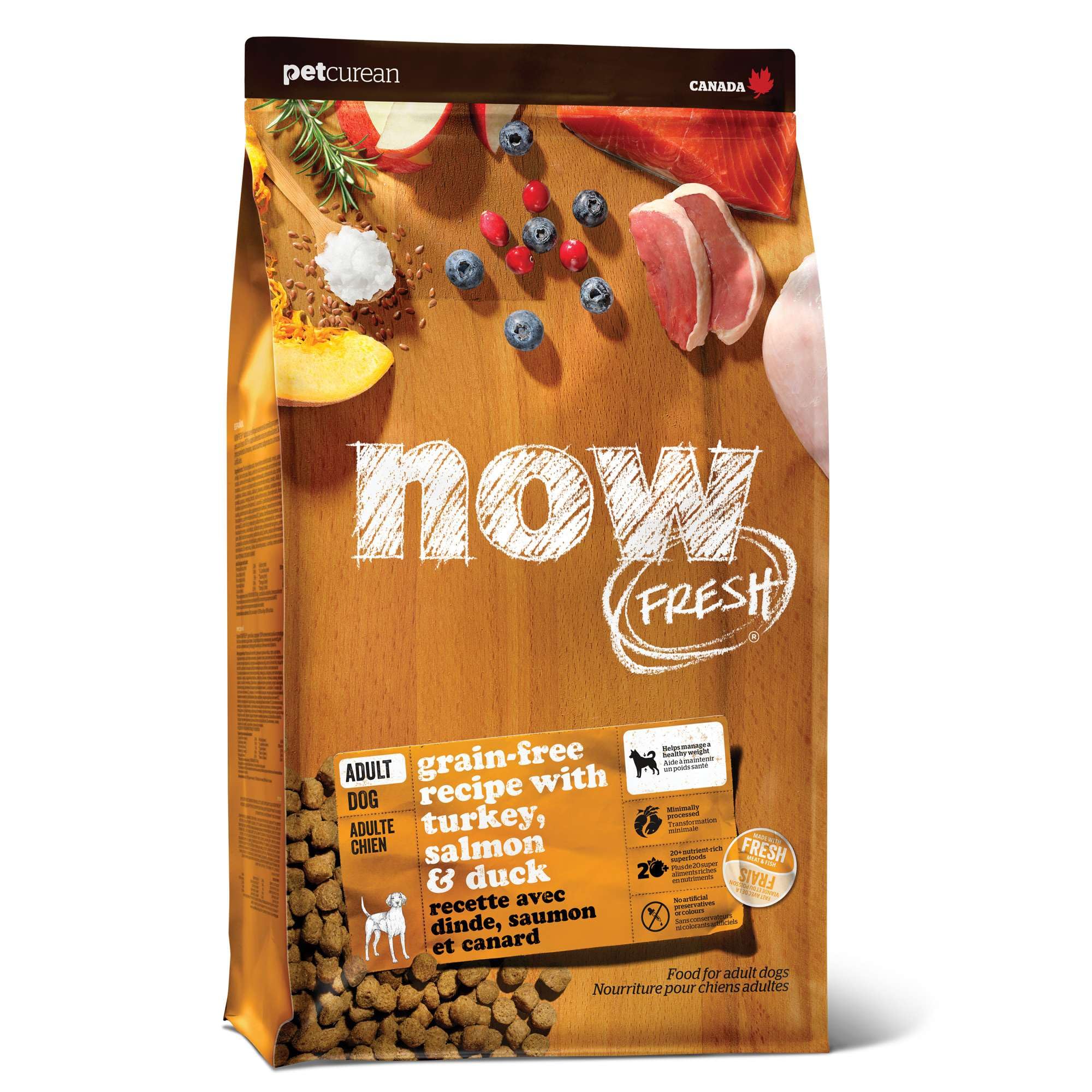 Now Fresh trozos pavo-salmon-duck: proteína digestible para perros adultos activos.