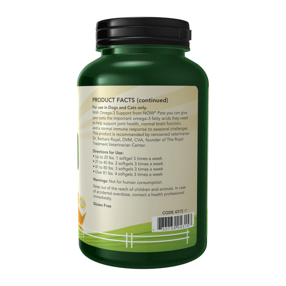 NOW Pets omega-3, etiqueta clara, claridad sobre ingredientes y uso.