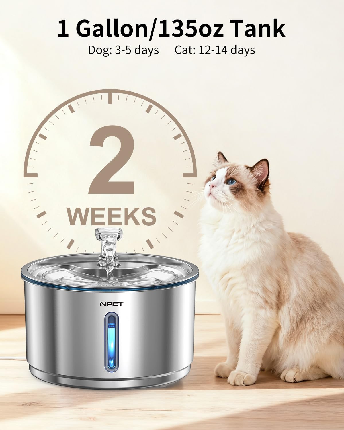 NPET bebedero automático para gatos y perros en acero inoxidable, flujo estable para mayor comodidad.