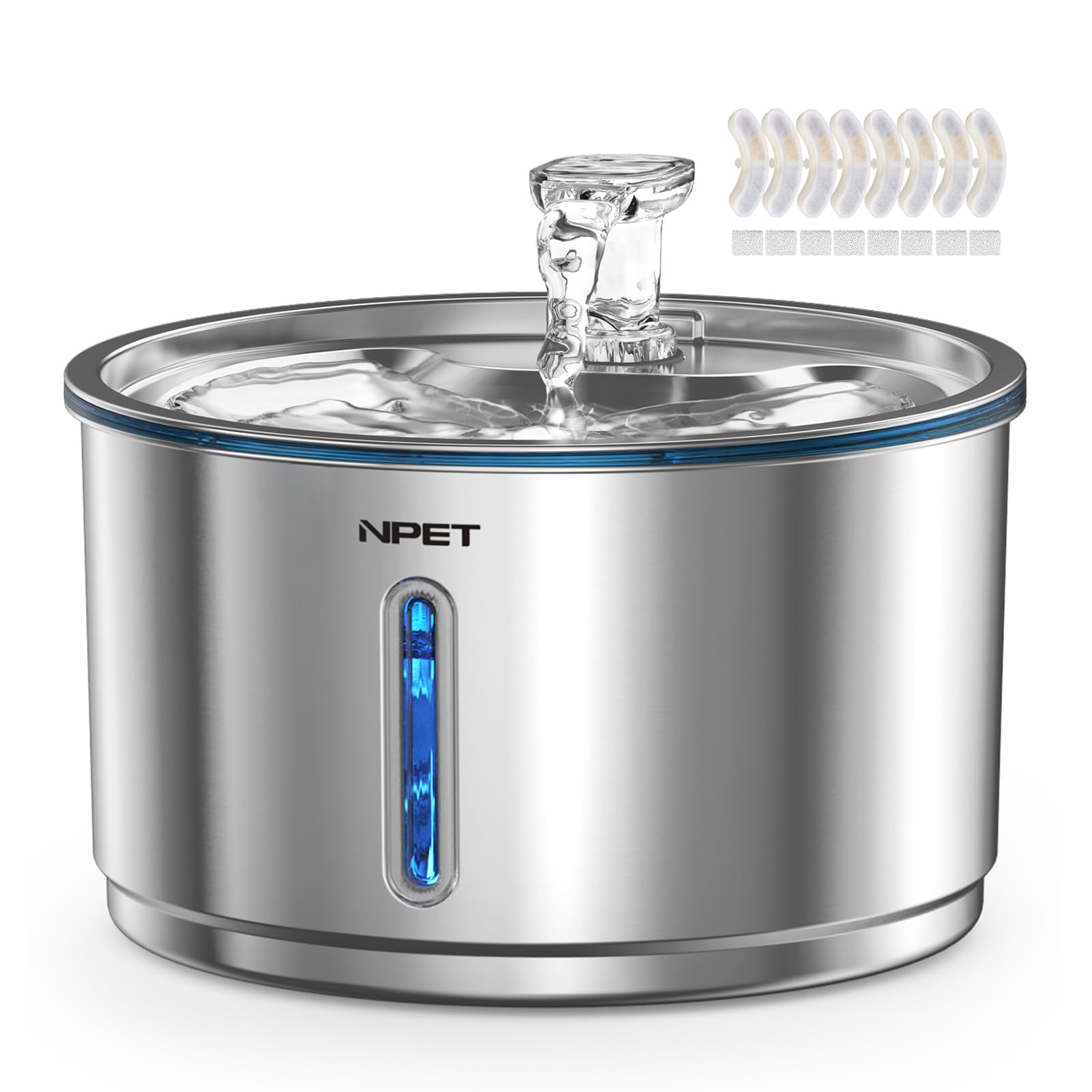 NPET fuente de agua para mascotas en acero inoxidable, duradera y fácil de limpiar