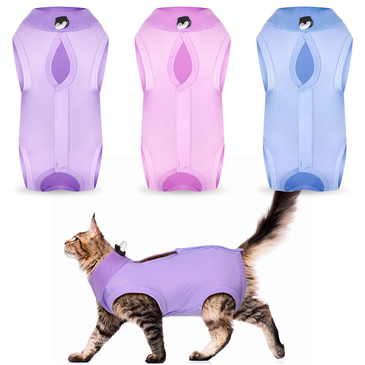 Nuanchu traje de recuperación para gatos morado, frente, cómodo para vestir