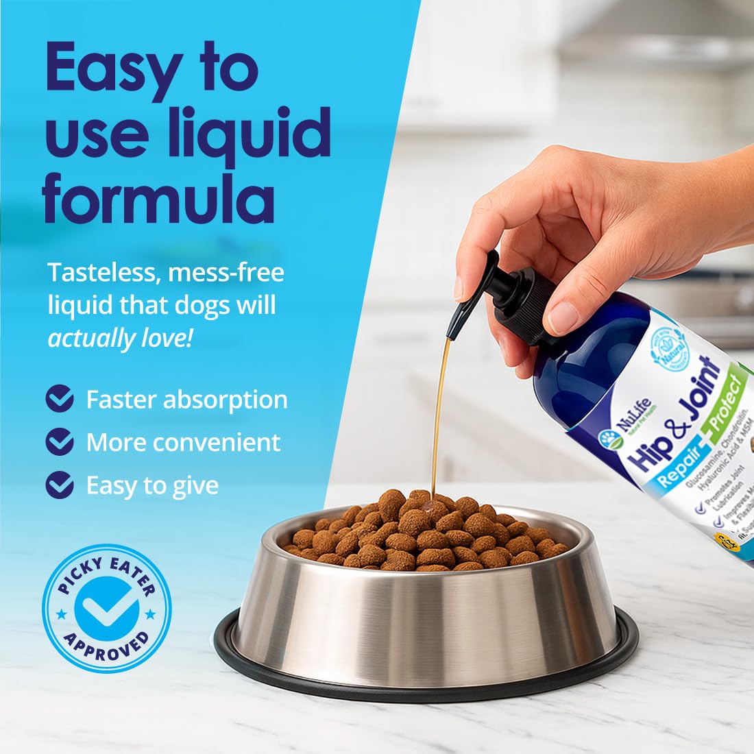 NuLife Natural Pet Health, sistema de dosificación con bomba, fácil de aplicar a tu perro.