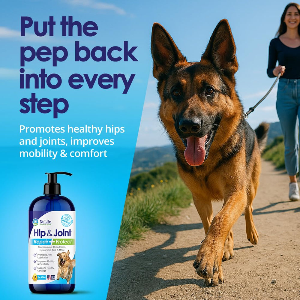 NuLife Natural Pet Health, etiqueta del producto, fórmula avanzada para articulaciones caninas.