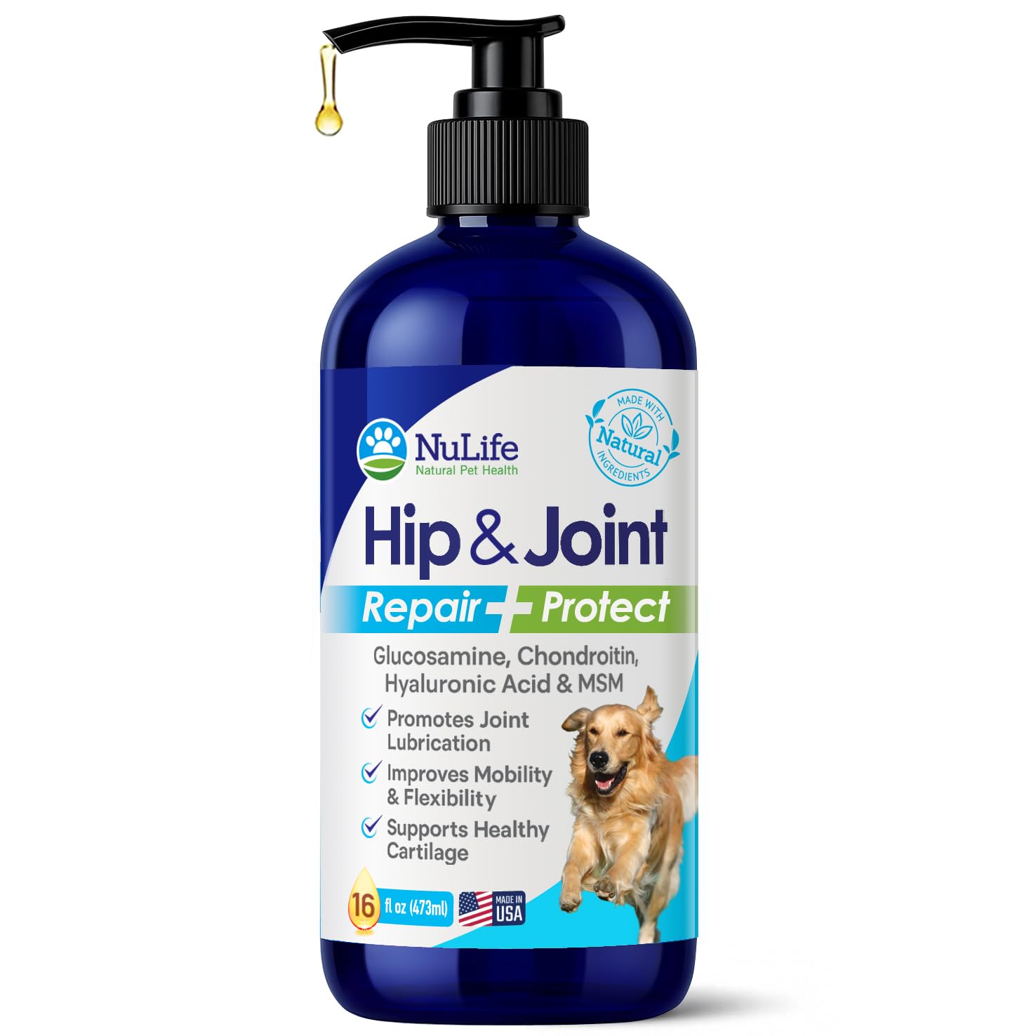 NuLife Natural Pet Health, botella con bomba, glucosamina para perros, favorece la movilidad.