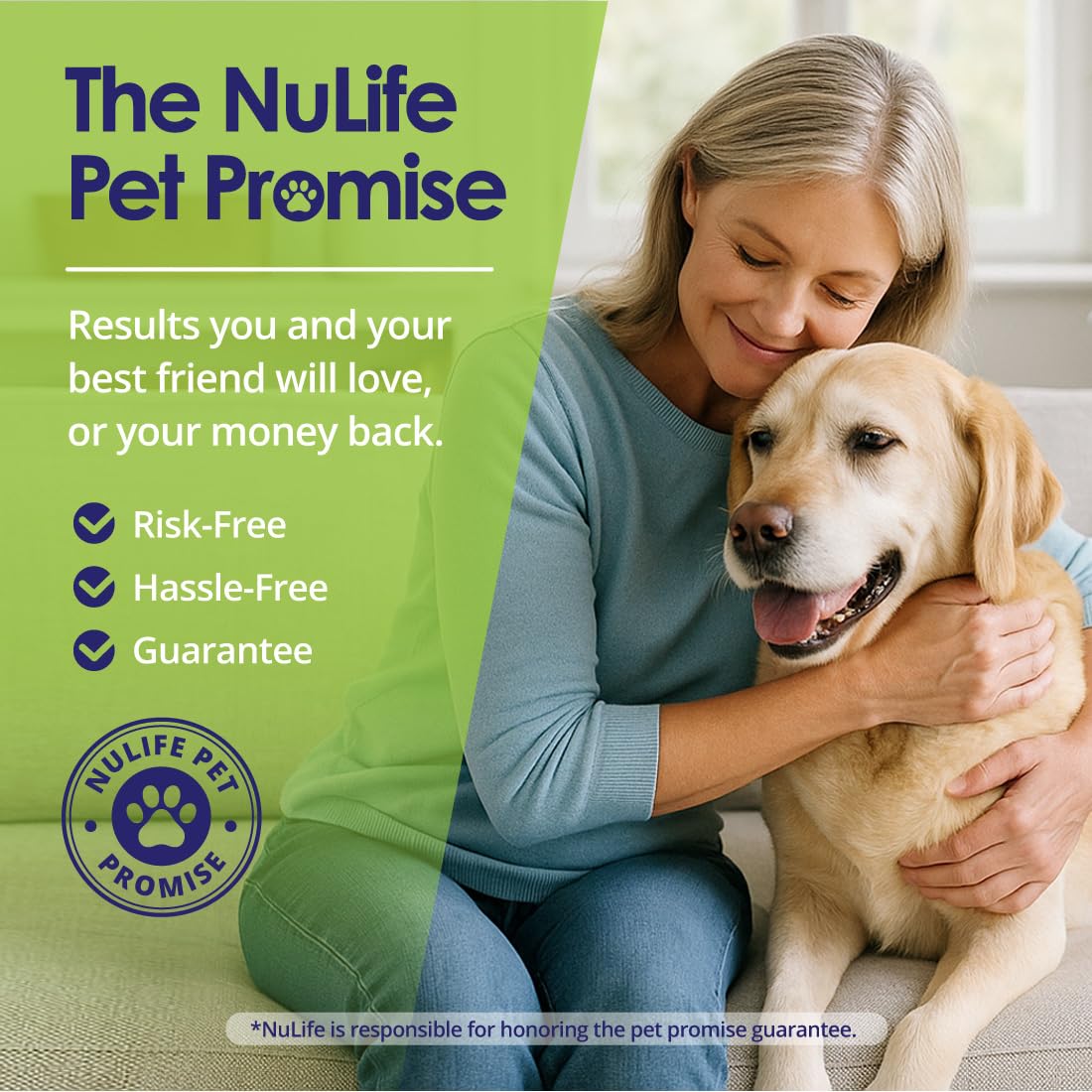 NuLife Natural Pet Health, manos sosteniendo el frasco, movilidad mejorada para juegos y paseos.
