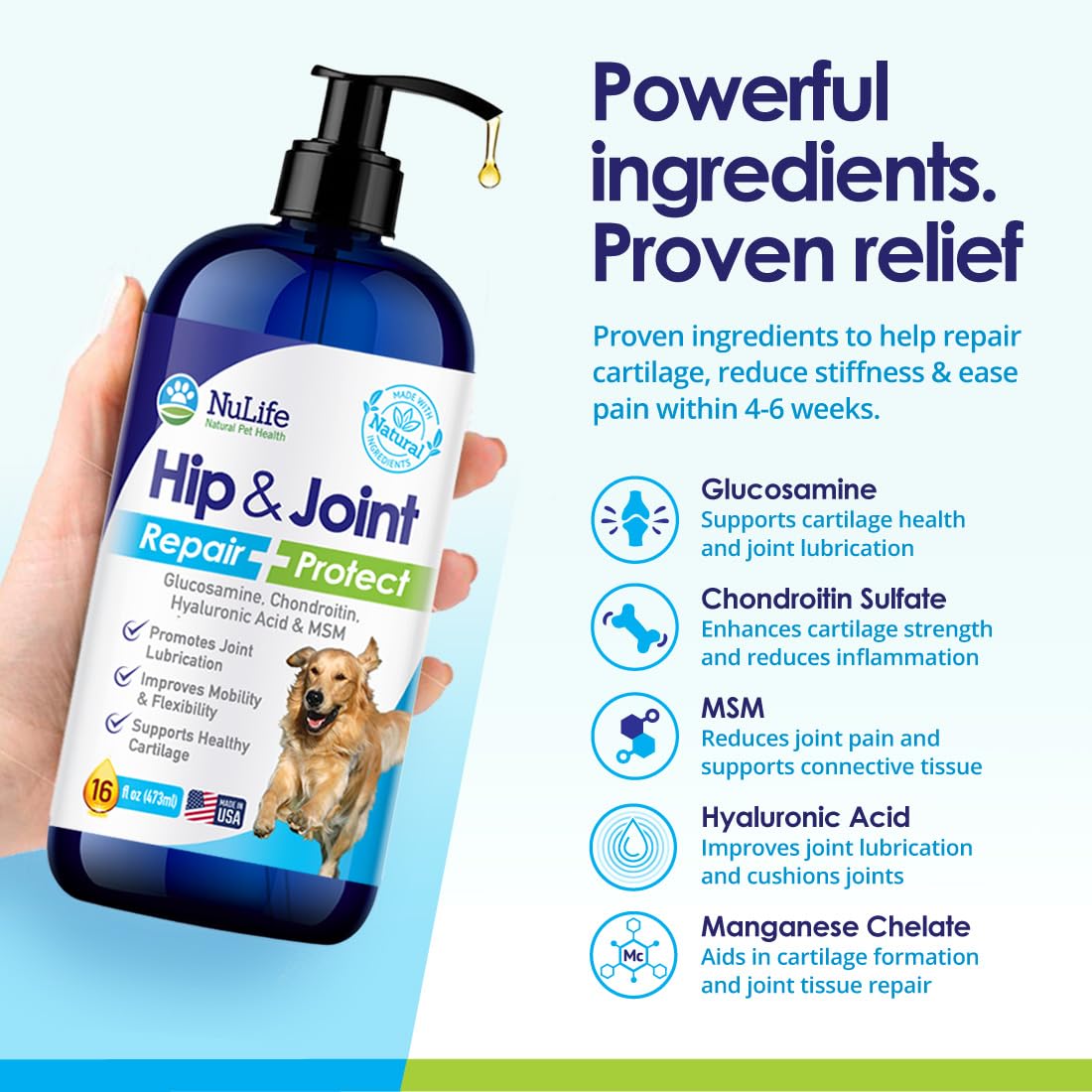 NuLife Natural Pet Health, frasco mostrando ingredientes naturales, sin rellenos artificiales.