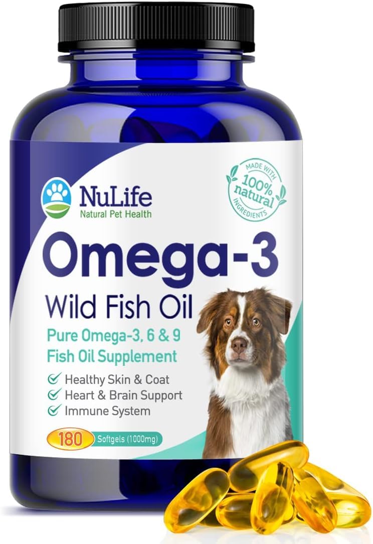 NuLife Omega 3 para perros: frasco de cápsulas blandas para piel y pelaje saludables.